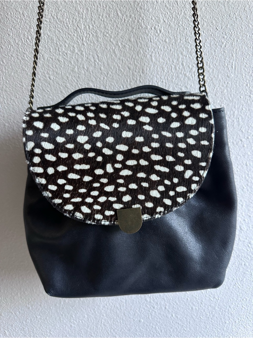 Garnet Hill Leather Crossbody Bag Hair-On Animal Print Flap Black